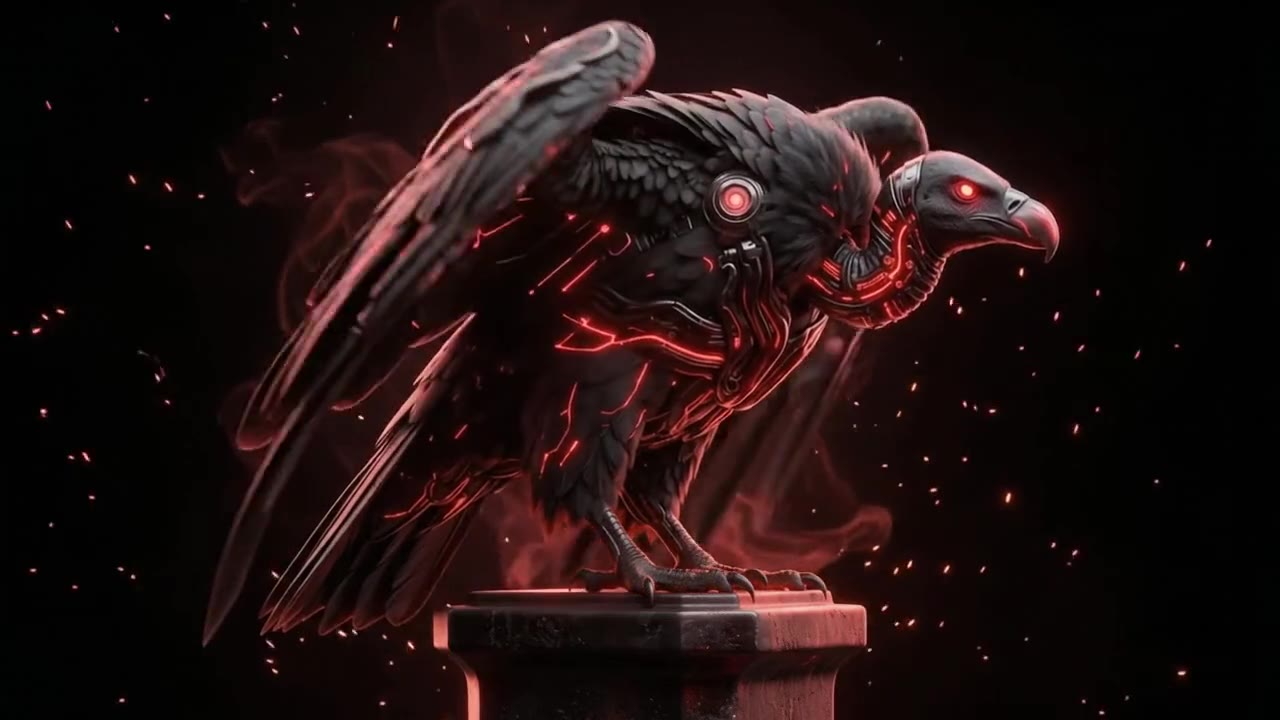 Urubu de asas abertas com detalhes em neon vermelho