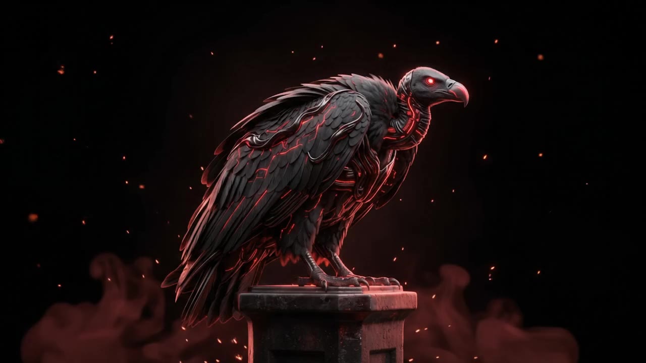 Urubu de metal com circuitos vermelhos pousado num pedestal, entre faíscas e fumaça